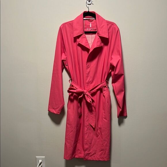 RAINS Vibrant Pink Waterproof Belted Trench Coat, Size S/M - Picture 4 of 15